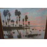 Large framed oil on canvas, lake scene, with indis
