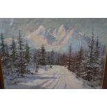 Large framed oil on canvas, snow and mountain scen