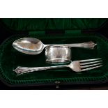 Cased silver spoon, fork and napkin ring, Sheffiel