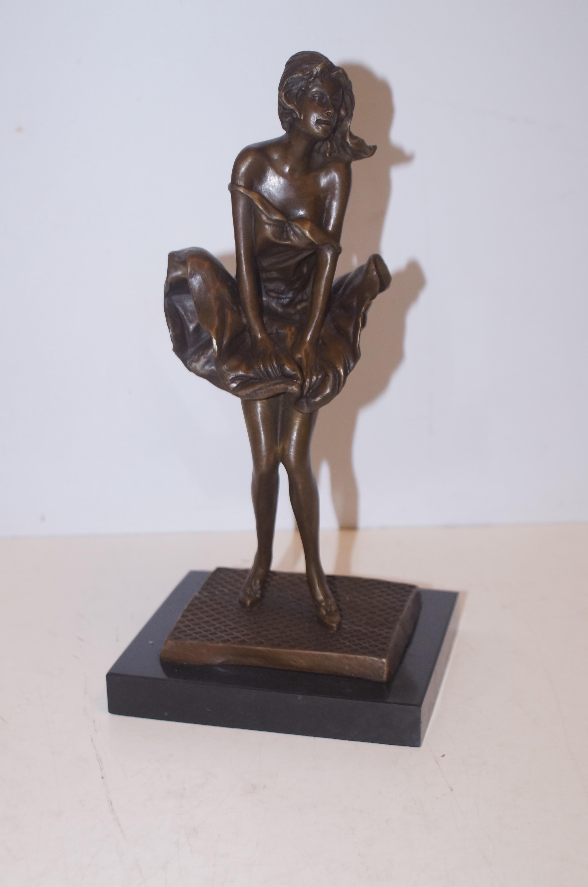 Bronze Lady on Marble Base Figure Signed - 28cm