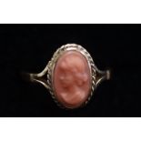 9ct Gold Cameo Ring (possibly Coral) - Size M
