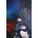 Oil on Canvas Puffins, Signed Vernon 2008