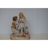 Large Bisque Figurine 'Children Knitting' (Part ne