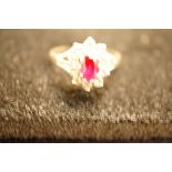 9ct Gold Dress Ring with Central Red Stone - Size