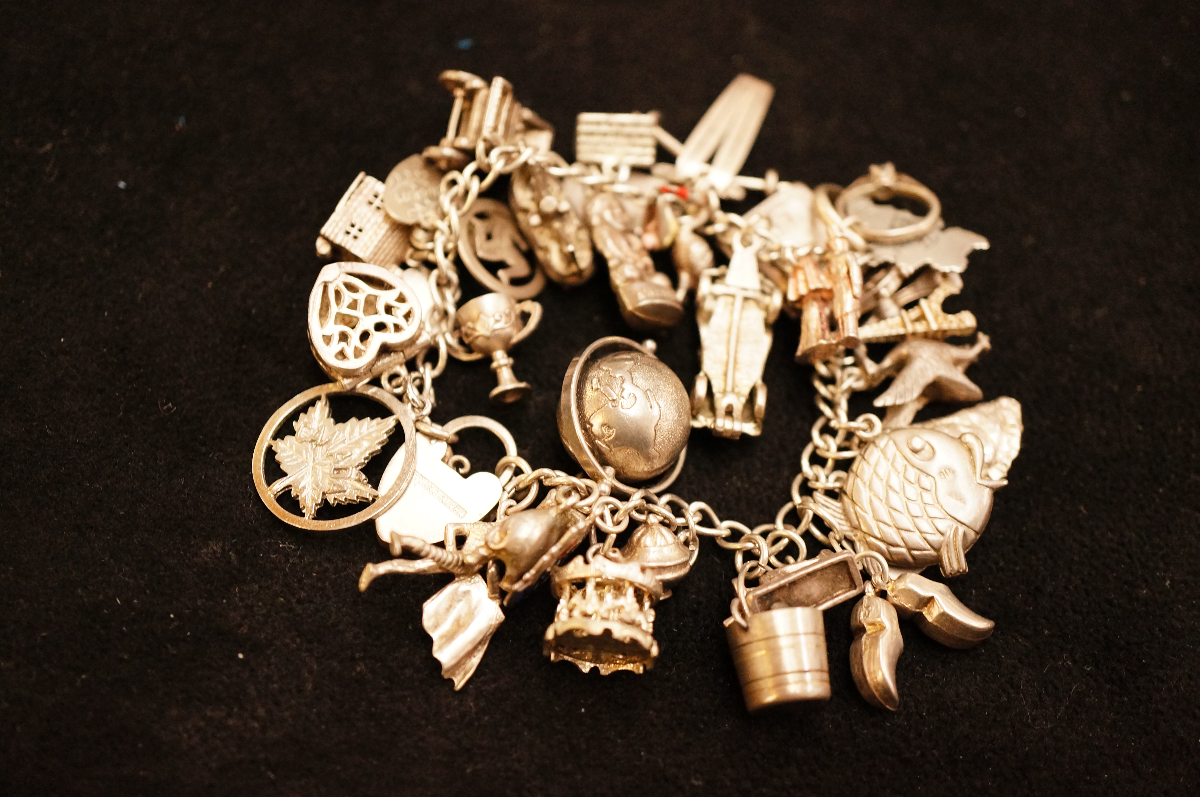 Silver Charm Bracelet with many Charms - 94g