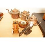 Three early Copper Kettles, Caste Iron Racing Car,