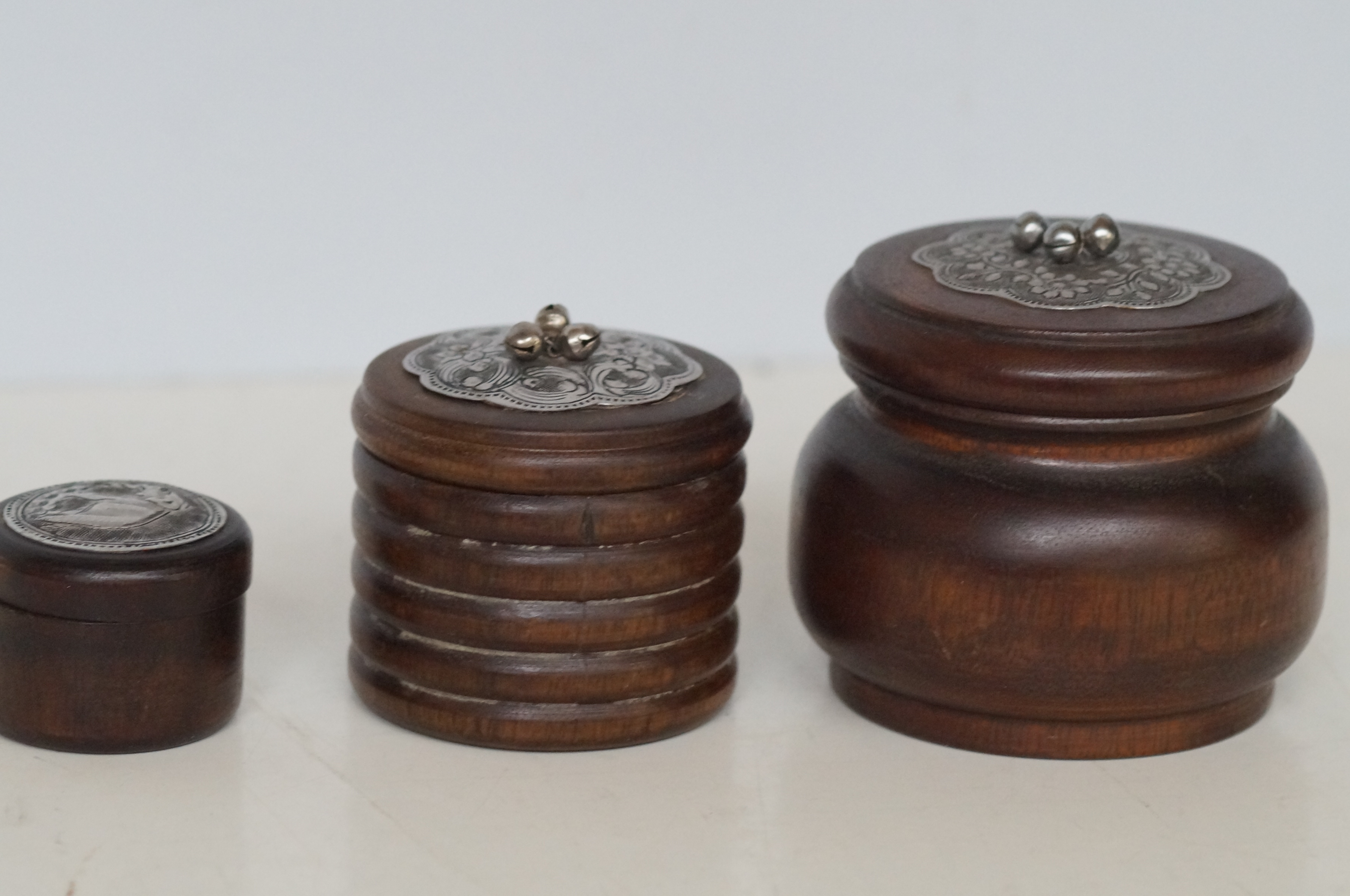 3x wooden, silver top pots