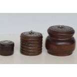 3x wooden, silver top pots