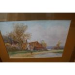 Watercolour cottage scene, indistinct signature