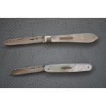 2 silver fruit knives with mother of pearl handles