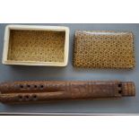 Carved Wooden Flute together with a Lidded Box