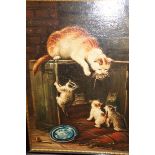Oil on Board Mother and Kitten Painting (Indistinc
