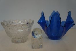 Handkerchief Vase, Cut Glass Fruit Bowl & 1 Other