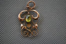 9ct Gold Art Nouveau Pendant with Possibly Peridot