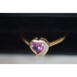 9ct Gold Heart Shaped Ring Diamonds & Pink Stones