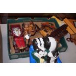 Box of Wooden Model Vehicles and a Biscuit Barrell