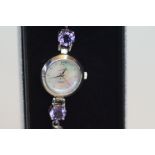 Ladies Silver & Purple Stone Wristwatch