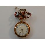 18ct Gold ladies brooch watch with fine enamel, cu