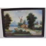 Lake & Wind mill scene framed painting