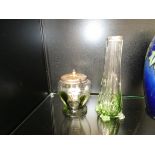 Glass stem vase with silver rim together with a Gl