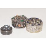 3 White metal ornate pill boxes