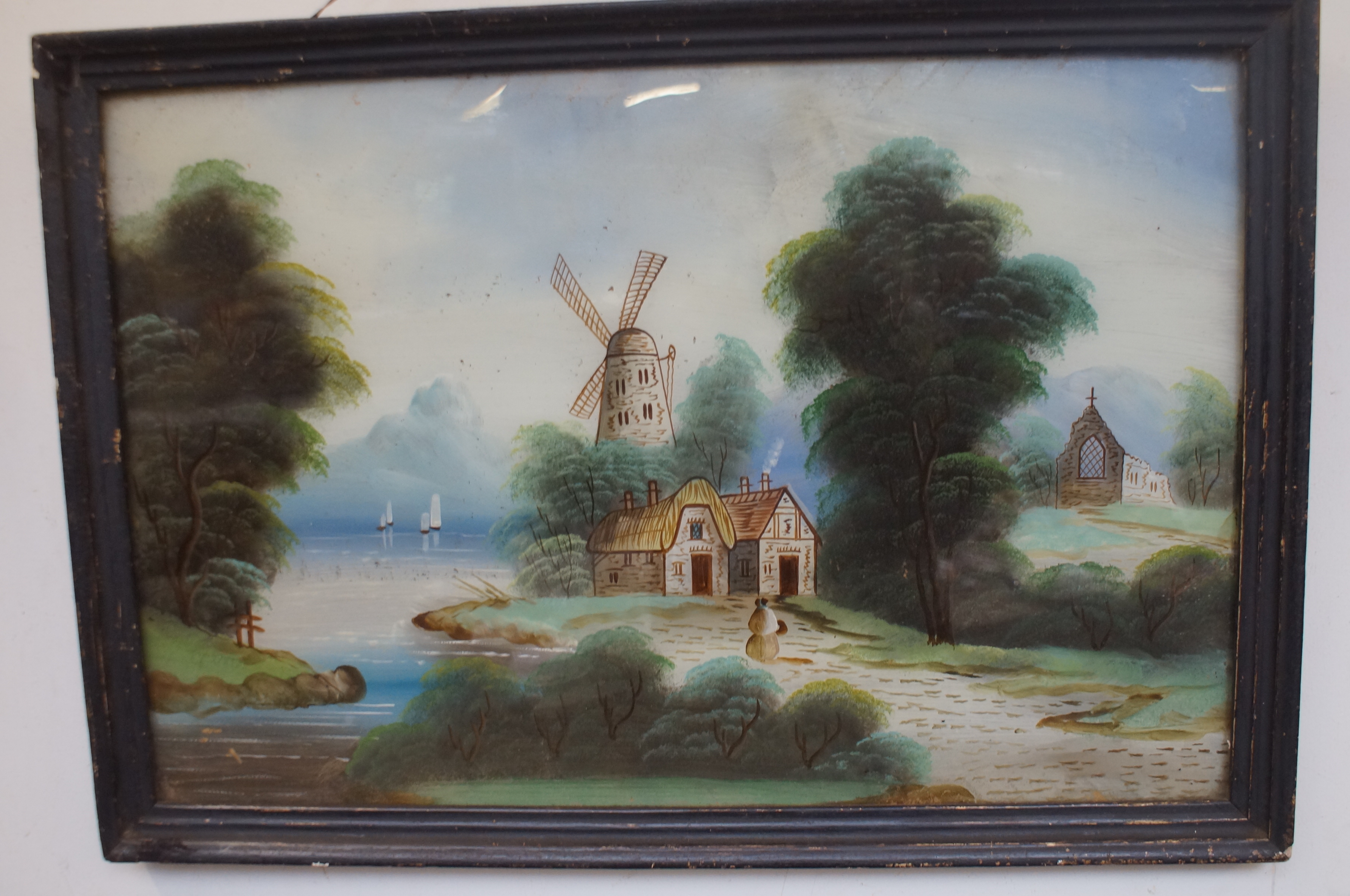 Lake & Wind mill scene framed painting