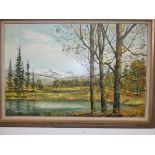 Large oil on canvas, river & mountain scene, signe