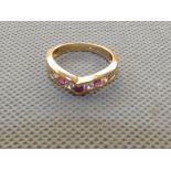 9ct Gold ring set with red & white gem stones Size
