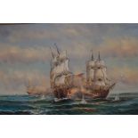 Oil on board battleship scene signed H Melville 58