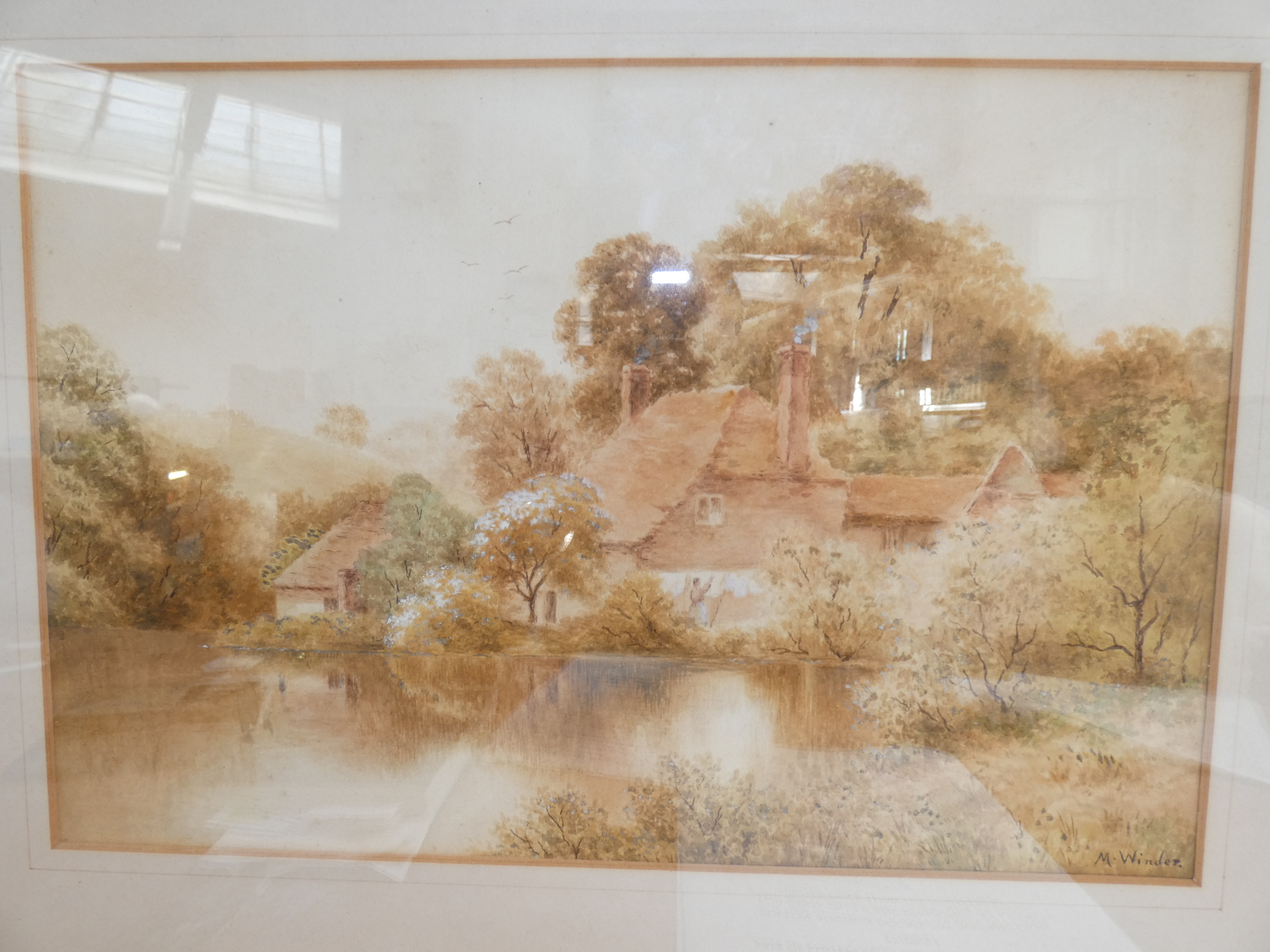 Victorian Watercolour Lake and Cottage Scene Signe