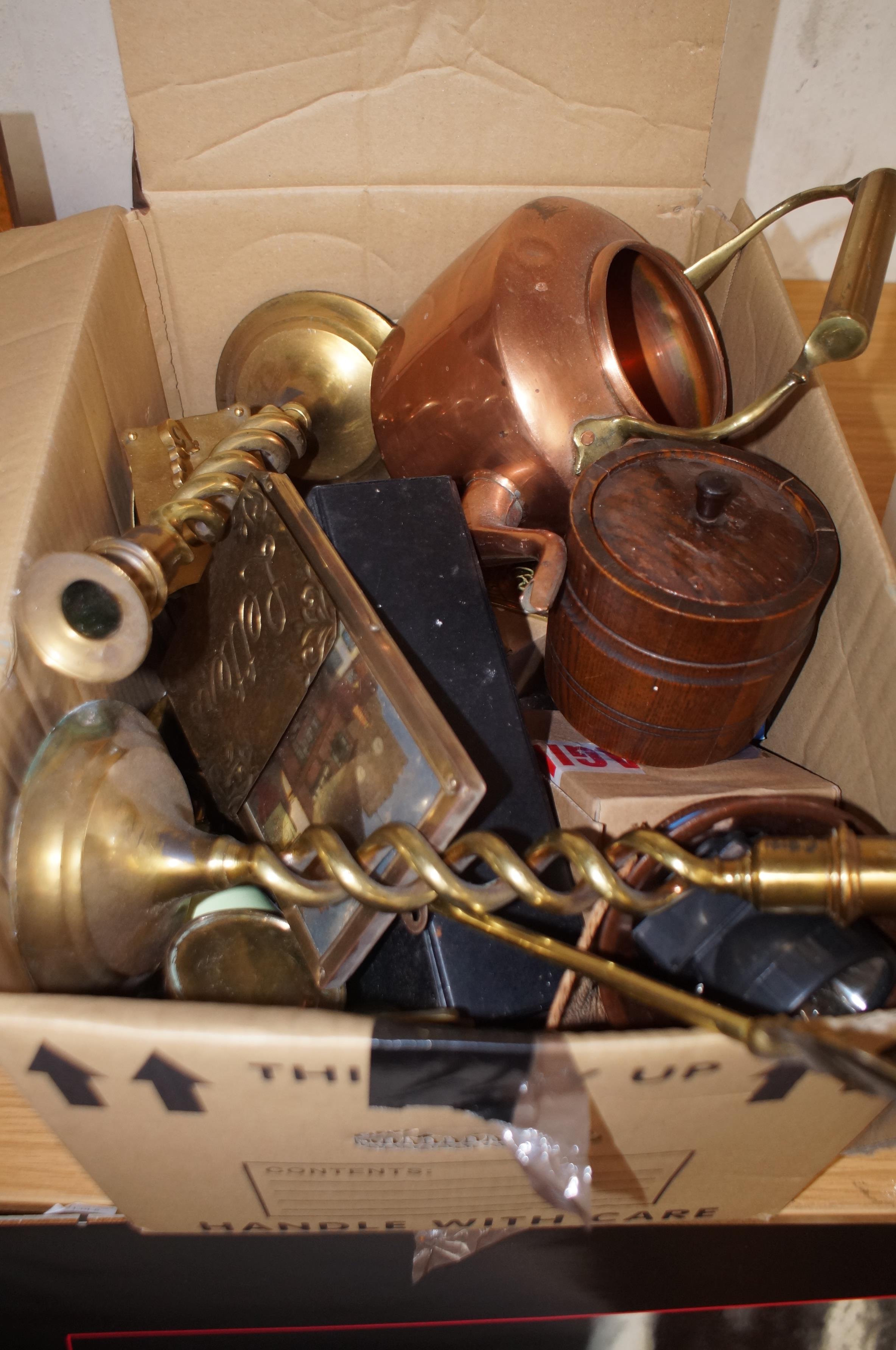 Box of brass ware & others