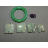 5 Jade elephants, jade teething ring & a small pie