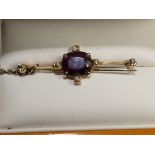 Yellow metal pin brooch set with amethyst & 6 diam