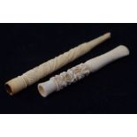 2x Carved ivory cigarette holders