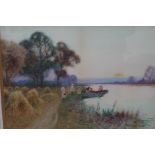 Framed watercolour harvest & boat scene with figur