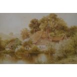 Victorian Watercolour Lake and Cottage Scene Signe