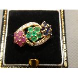 9ct Gold ring set with rubies, sapphires, emeralds