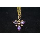 9ct Gold chain with pendant set with amethyst & se