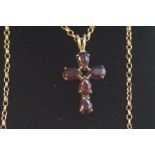9ct Gold cross & chain set with 5 garnets