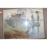 Framed watercolour Colin C Hilton , Cottage & lake