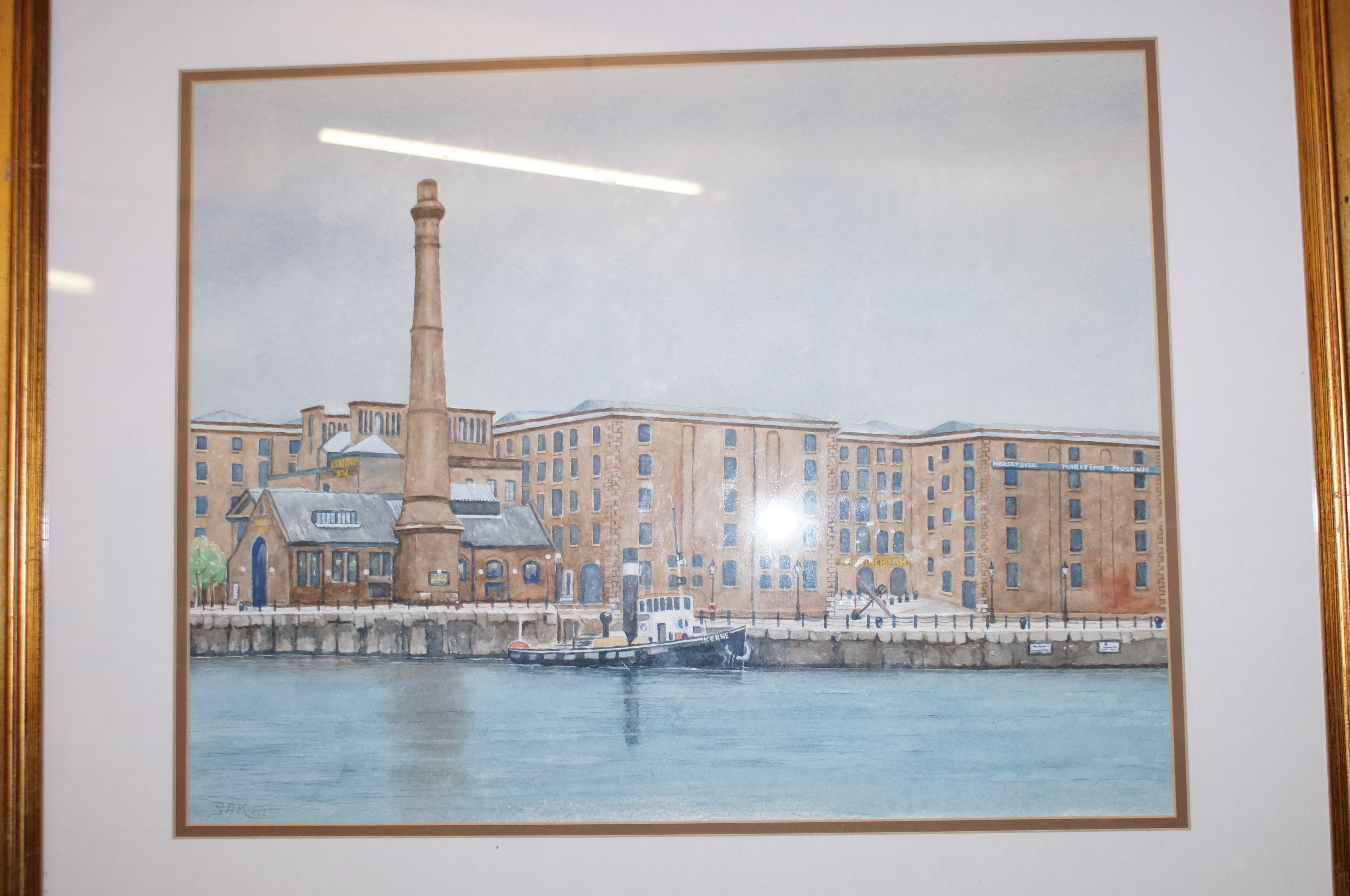 Framed watercolour signed BAK, Albert Dock Liverpo