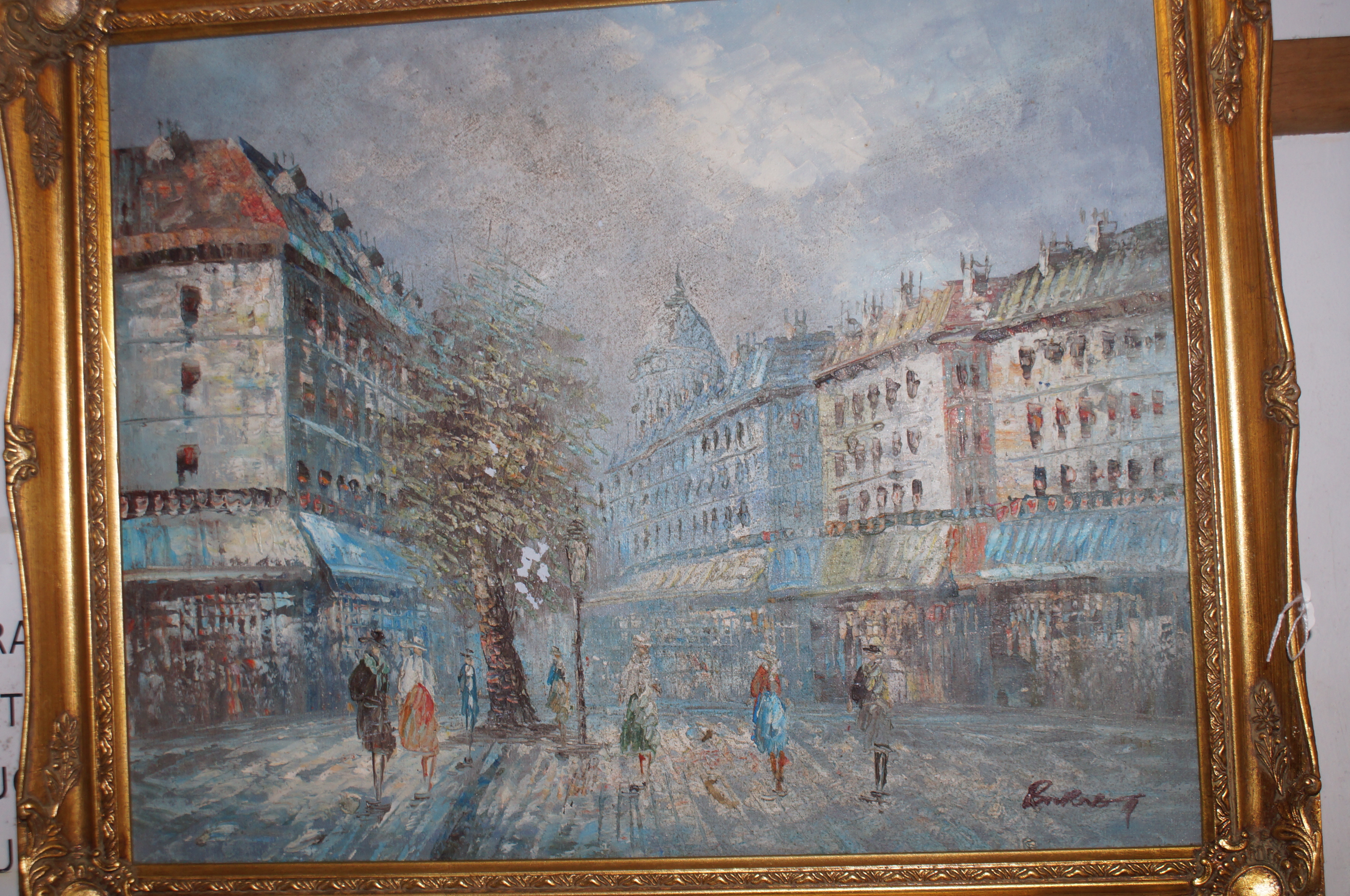 Oil on canvas street scene signed Burnett