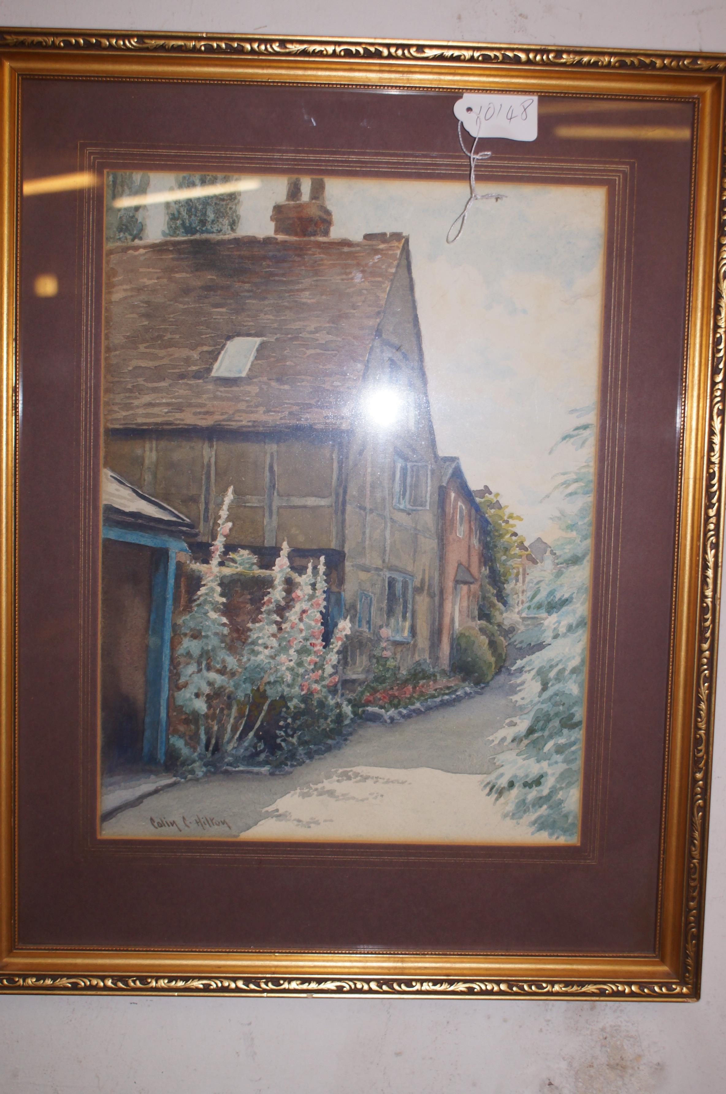 Framed watercolour cottage scene signed Colin C Hi