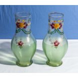 A pair of Victorian hand painted glass vases