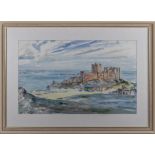 A framed watercolour of Bamburgh Castle signed J K Makson