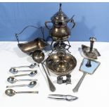 A spirit kettle, candle sticks and other metal ware items