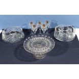 Two crystal cut bowls, a cake stand and wine glasses