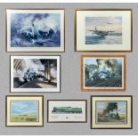 Seven framed prints depicting planes and trains
