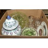 A box of glass and pottery items