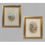 A pair of framed oval watercolours depicting rural scenes, image size 22cm x 16cm